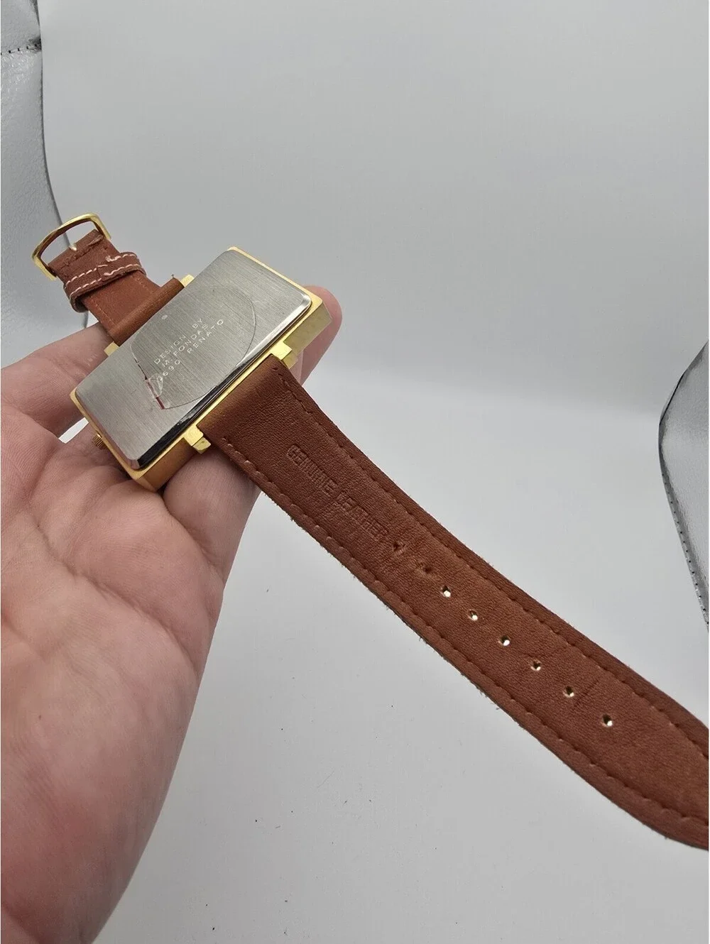 Renato 0690 Quartz Analog Rectangle Watch Stamp Fish Dial Brown Leather Strap